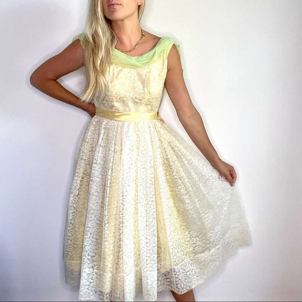 Vintage Yellow & White Full Lace Dress with Green Shoulders